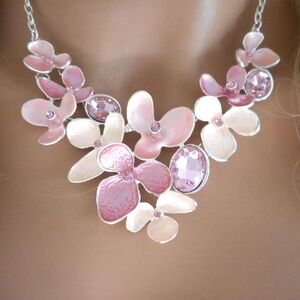Flower  Leaf Vine Necklace Set Pink Crystals
